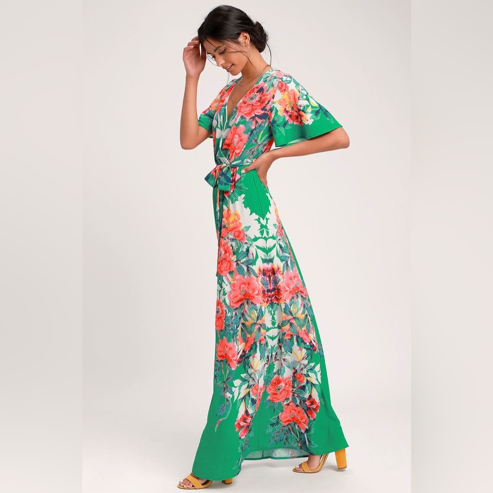 Lulu’s “Still In Paradise” Green Floral Print Maxi Dress